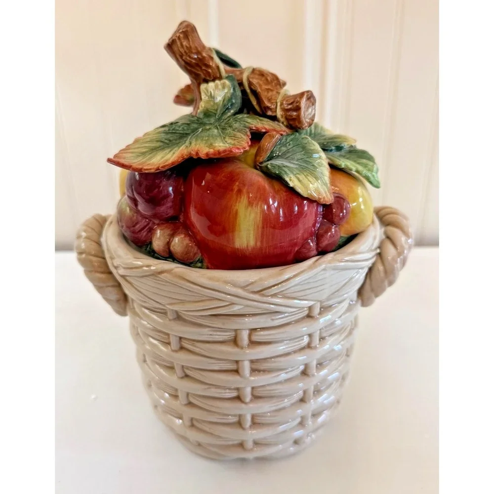 Fitz‎ And Floyd Country Gourmet Biscuit Jar Fruit Basket Cookie Lidded With Box